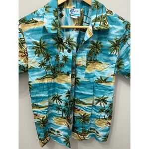 RJC Hawaiian Aloha Shirt Palm Tree Beach Island Made In Hawaii Blue Boys Size 16